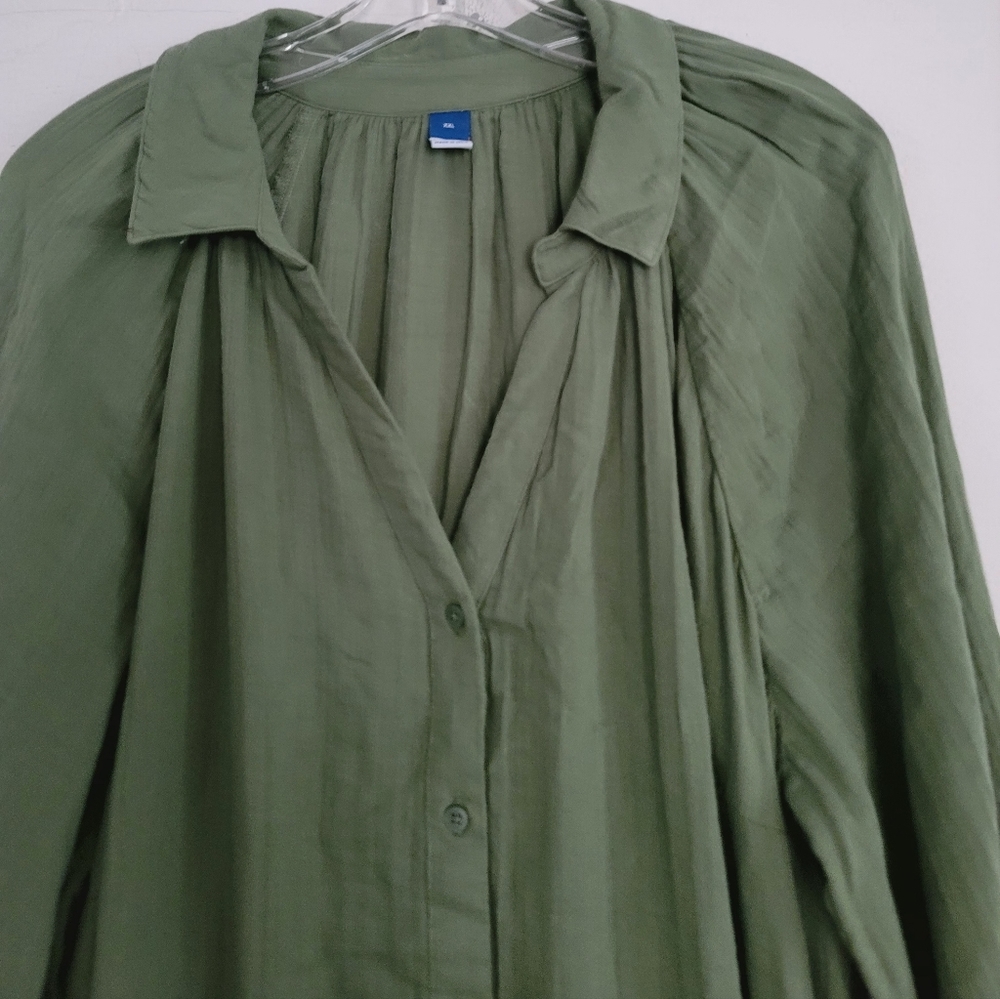 New Old Navy Sage Green Belted Midi Shirt Dress Size XXL Long Sleeve Cotton - Picture 7 of 16